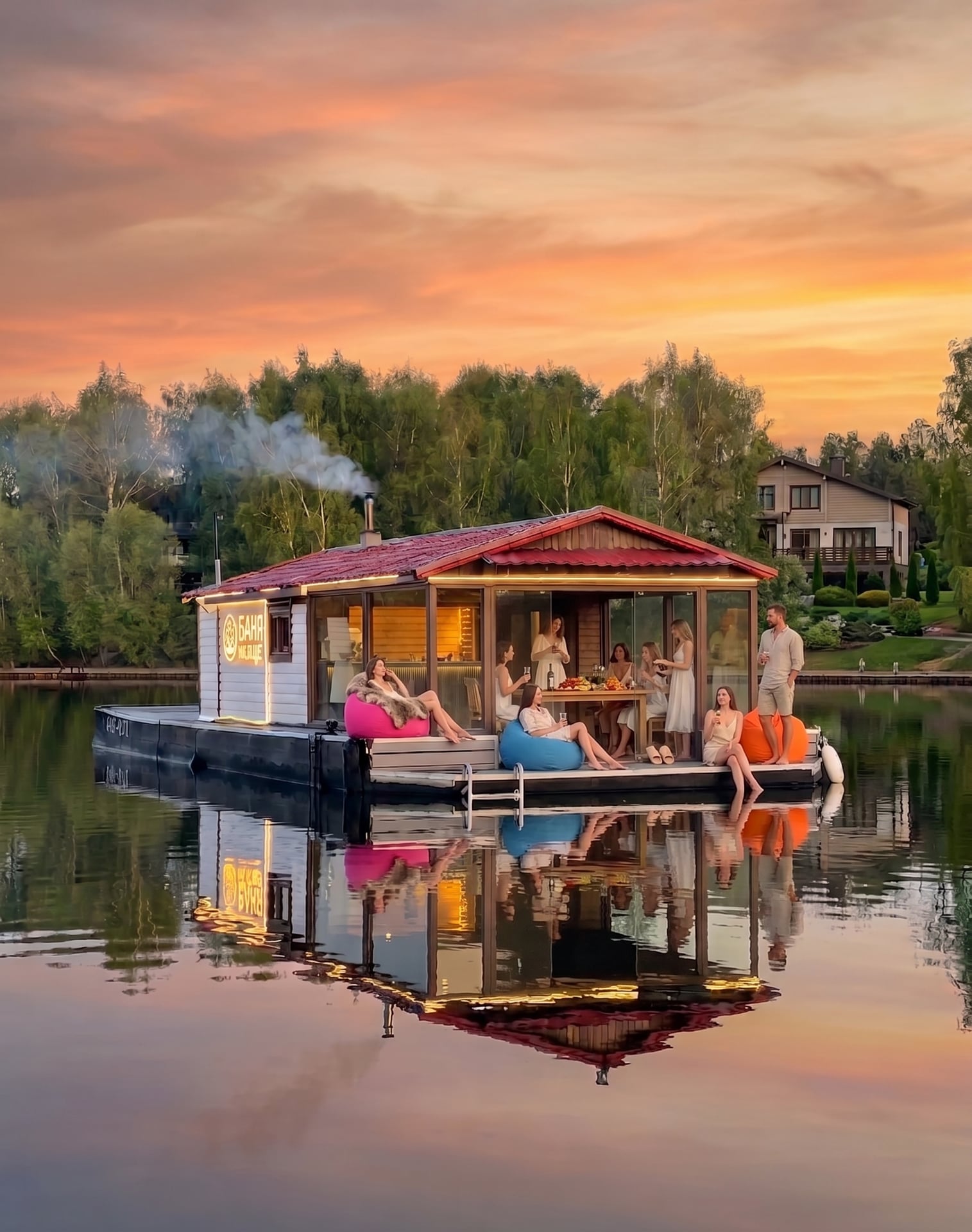A group relaxing on the floating banya at sunset