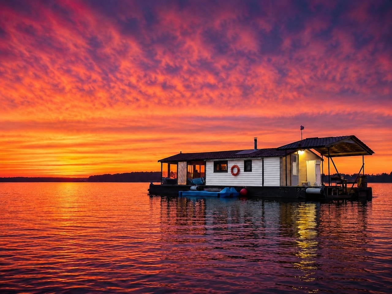 Fiery sunset over the water at the banya